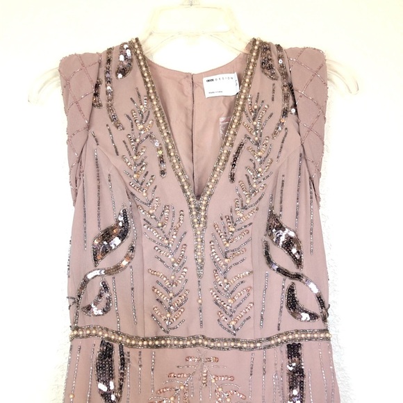 ASOS DESIGN drape back embellished midi dress sz US 4 Nude Pink Sequins Wedding - Picture 2 of 12